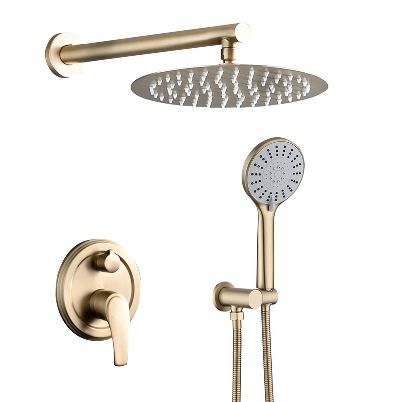 Wall Mounted Shower System With High Pressure Rain Shower Head & 5 Function Handheld – Brushed Gold
