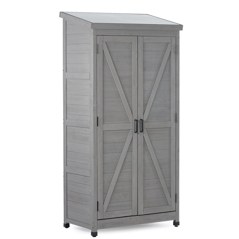 Wood Outdoor Storage Cabinet With Metal Top Garden Shed For Yard And Patio – Gray