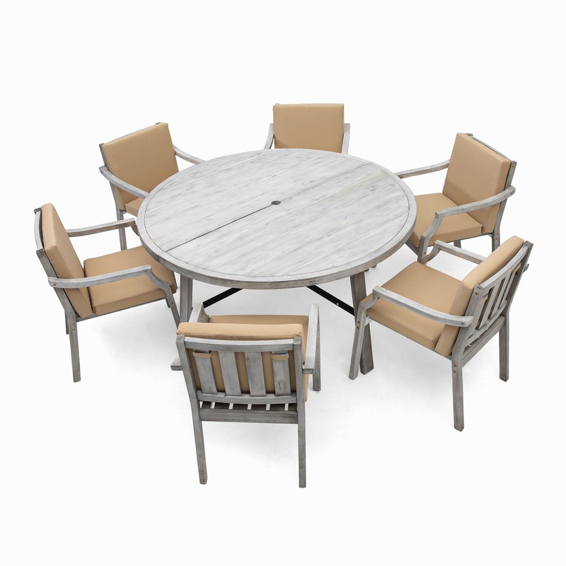 6 Person Outdoor Wooden Dining Set With Umbrella Hole And Removable Cushions For Patio – Gray