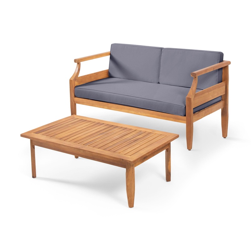 Aston – 2 Piece Wood Outdoor Patio Conversation Seating Set With Cushions