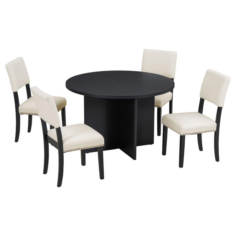 Topmax – 5 Piece Modern Round Dining Table Set Pedestal Kitchen Table Set With 4 Upholstered Dining Chairs For Studio, Apartment, Small Places