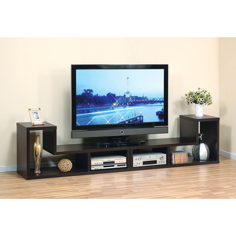 L Shape Geometric TV Stand Two Piece Extendable Media Furniture – Espresso