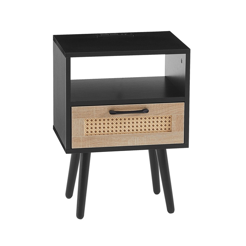 15.75 Rattan End Table With Power Outlet & USB Ports, Modern Nightstand With Drawer And Solid Wood Legs, Side Table For Living Room, Bedroom