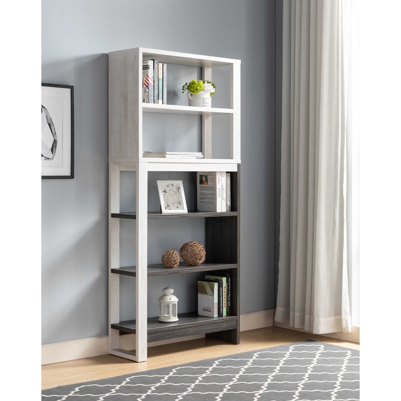 5 Tier Home Display Cabinet, Two Toned Freestanding Bookcase – White Oak / Distressed Gray