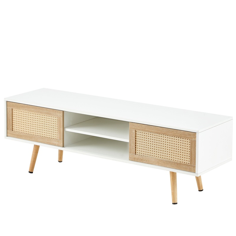 55.12 Rattan TV Cabinet, Double Sliding Doors For Storage, Adjustable Shelf, Solid Wood Legs, TV Console For Living Room