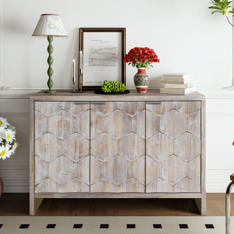 Accent Cabinet Farmhouse Style 3 Door Wooden Cabinet Sideboard Buffet Server Cabinet Storage Cabinet, For Living Room – Natural Wood Wash