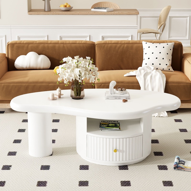 Cloud – Coffee Table, Irregular Shape Coffee Table With 1 Dreawer And Shelf For Living Room – White