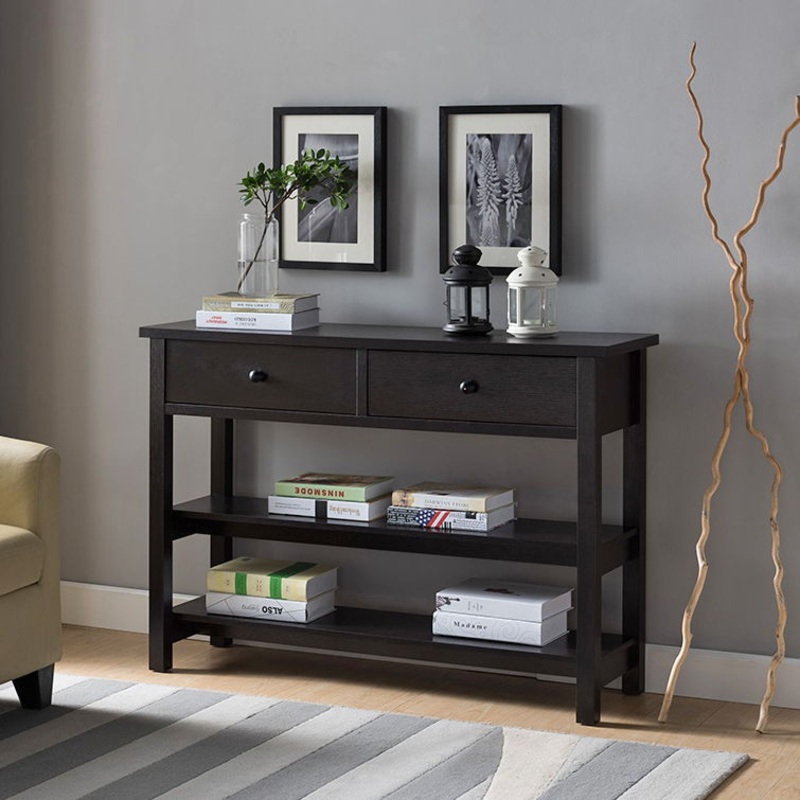 Console Table Two Shelf And Two Drawer With Knob Handles – Dark