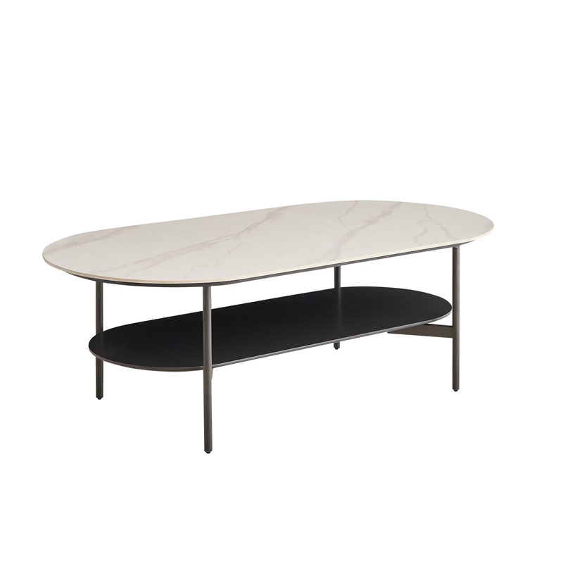 Contemporary Coffee Table Sintered Stone Surface With Ceramic Finish Double Layer Design Base Matte Shelf Modern Living Room Center Table – White / Gray