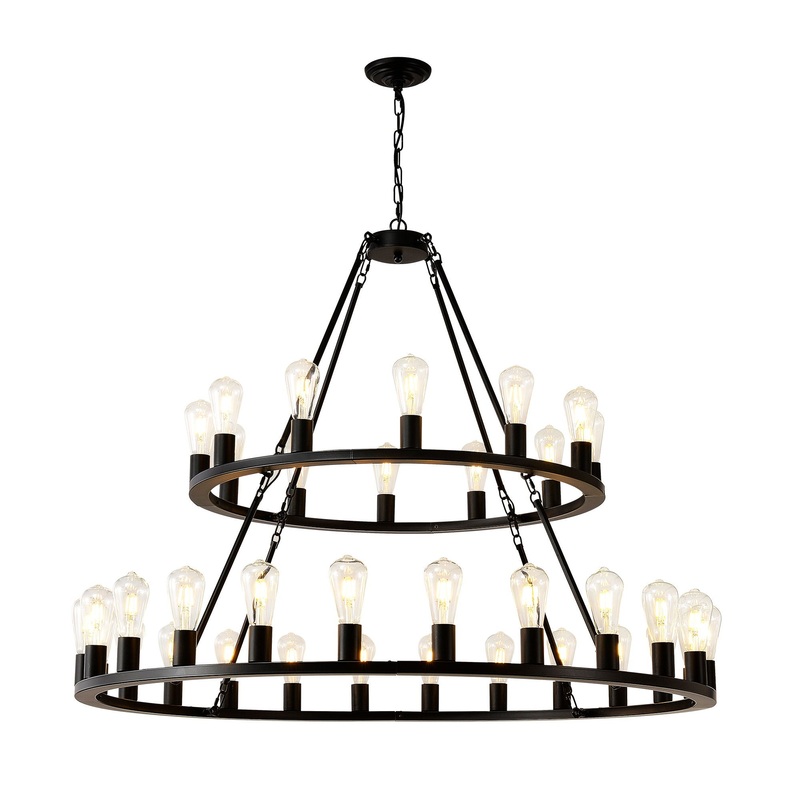 Extra Large Wagon Wheel Chandelier, 2 Tier 36 Lights (No Include) Farmhouse Industrial Round High Ceiling Pendant Light Adjustable Chain, For Dining Room, Living Room, Kitchen – Black