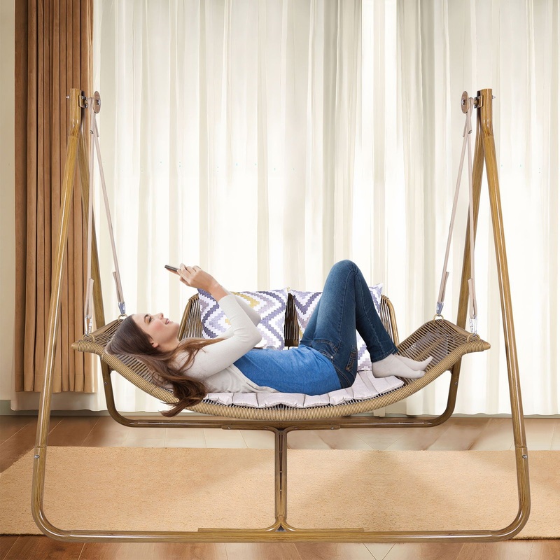 Hammock Swing Chair With Stand For Indoor, Outdoor, Anti-Rust Wood-Colored Frame With Cushion Oversized Double Hammock Chair For Patio Balcony Bedroom Ban On Amazon – Gold / Brown