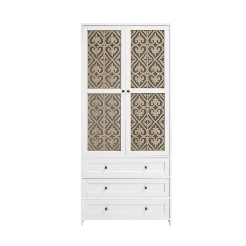 Hollow Pattern 2 Door 3 Drawer Wardrobe, The Collision Of Wood Color, Suitable For Bedrooms And Dressing Rooms – White