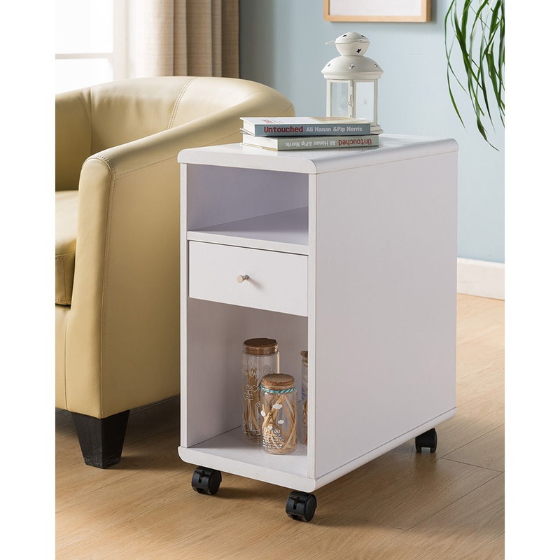 Mobile Chairside Table With Drawer – White