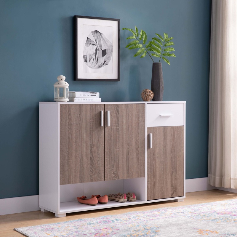Shoe Storage Cabinet For 17 Pairs, Bedroom Cabinet With Drawer – Doors – White / Dark Taupe