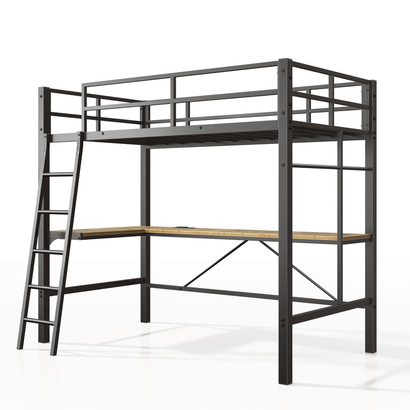 Twin Metal Loft Bed With L – Shaped Desk, Charging Station Loft Bed Frame Twin Size, Safety Guard & Ladder, No Box Spring Needed – Black