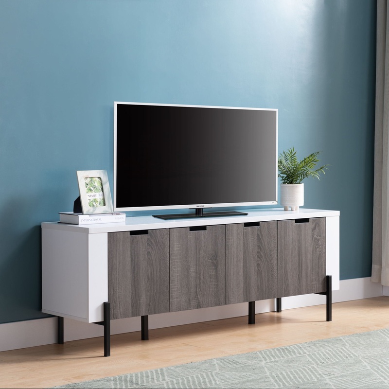 Two Toned TV Stand With Four Cabinet Doors, Storage Cabinet – White / Distressed Gray