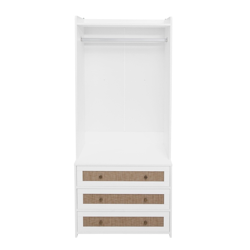 Wardrobe With 3 Drawers High Wardrobe Armoire With Rattan For Living Room Organizer – White