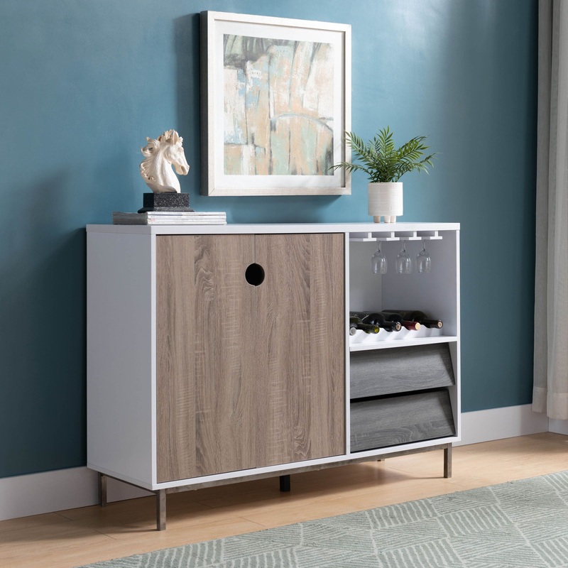 Wooden Display Rack, Cabinet With Drawer, Holds 6 Wine Glass – White / Dark Taupe