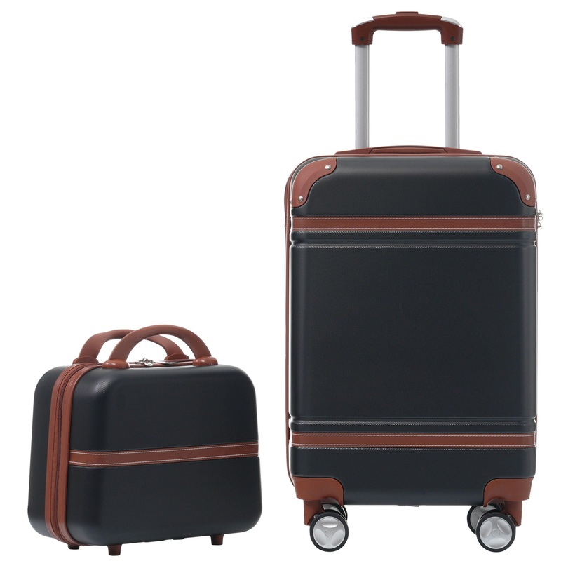20 Hardside Luggage With Cosmetic Case, 2 Piece Lightweight Suitcase Set With Spinner Wheels, Carry On Vintage Luggage