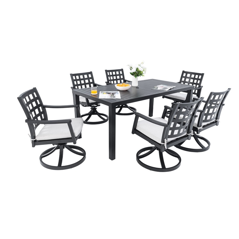 7 Pieces Modern Classic Outdoor Patio Dining Set, Rectangular Table & 6 Swivel Rock Dining Chairs, Rust Free, Weather Resistant – Ember Black