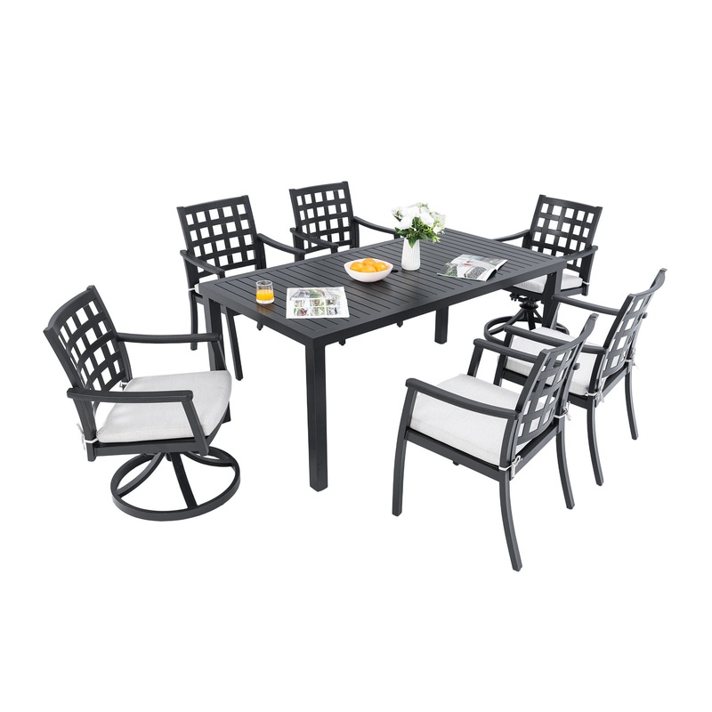 7 Pieces Modern Classic Outdoor Patio Dining Set With Rectangular Table, 6 Chairs, Cast, Sunbrella Cushions – Ember Black