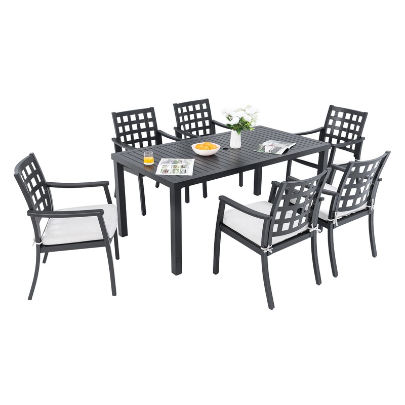 7 Pieces Outdoor Patio Dining Set, Rectangular Table And 6 Stationary Dining Chairs, Cast, Rust Free, Sunbrella Cushions, Weather Resistant – Ember Black