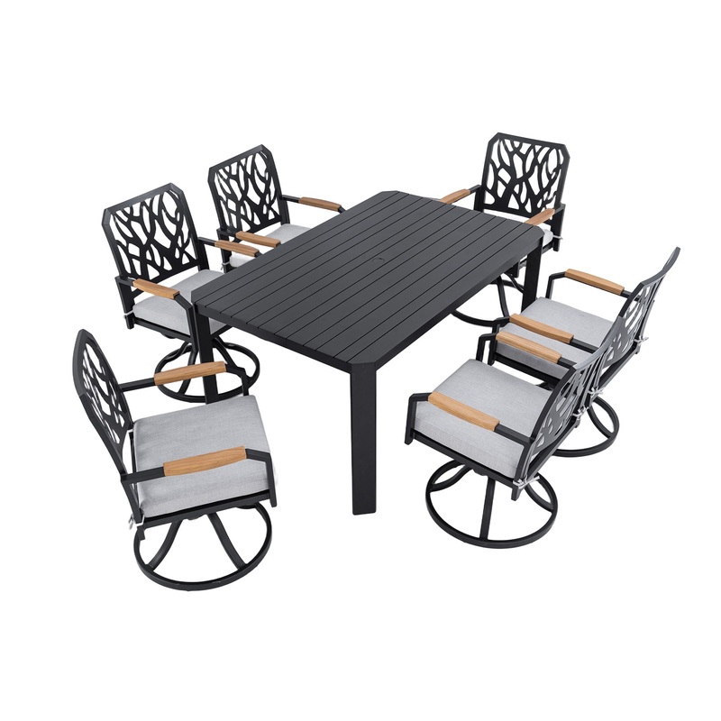 7 Pieces Outdoor Patio Furniture Set, Modern Dining Set With 6 Swivel Rockers Sunbrella Fabric, Rectangular Table With Umbrella Hole – Bourbon Brown