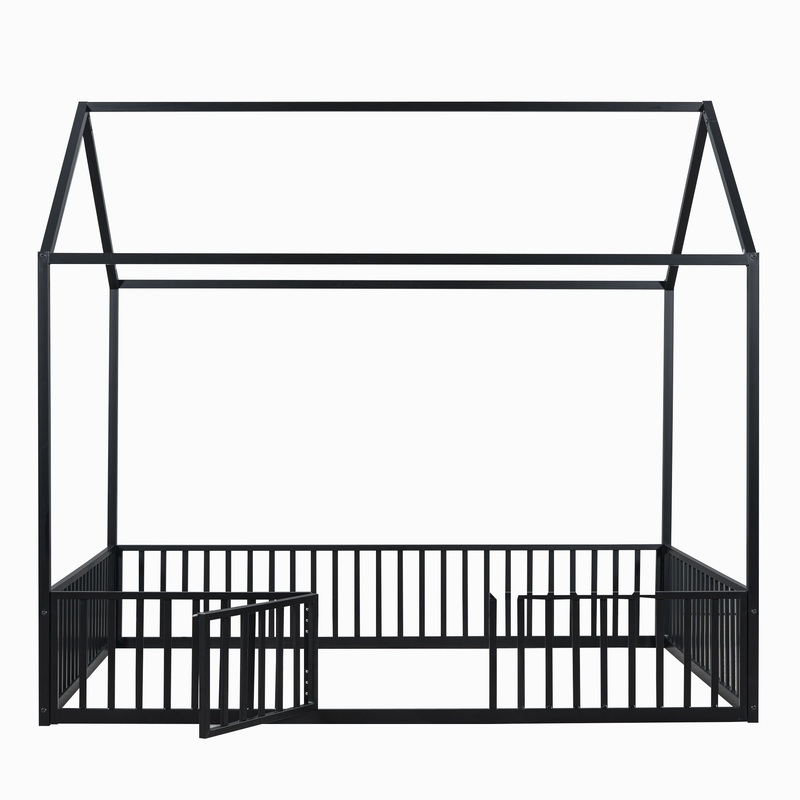Full Size Metal House Bed With Fence And Door – Black