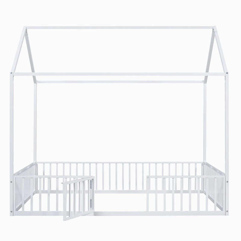 Full Size Metal House Bed With Fence And Door – White
