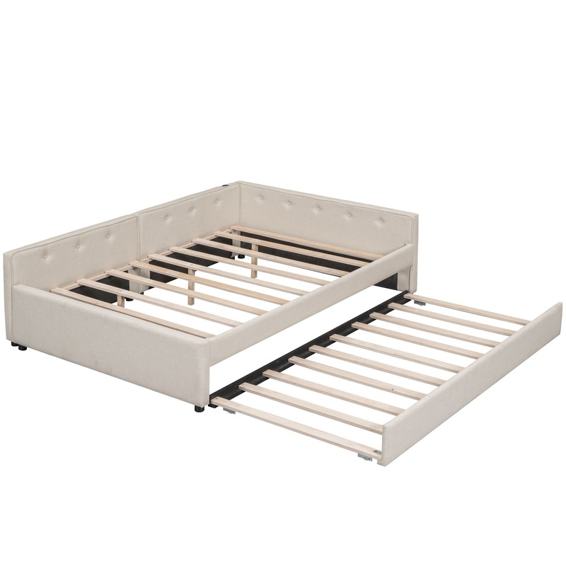 Full Size Platform Bed With USB Ports And Twin Size Trundle – Beige