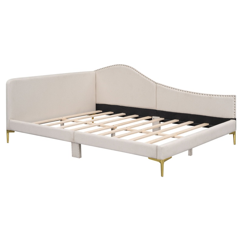 Full Size Upholstered Daybed With Headboard And Armrest, Support Legs – Beige