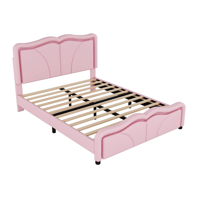 Full Size Upholstered Platform Bed With Curve Shaped And Height Adjustable Headboard, LED Light Strips – Pink