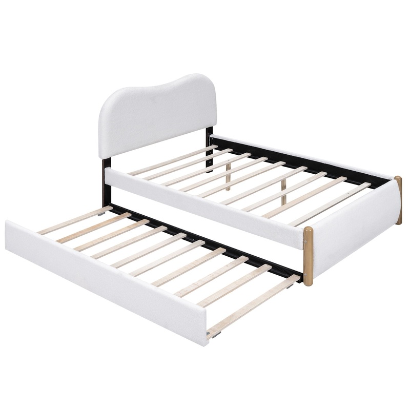 Full Size Upholstered Platform Bed With Wood Supporting Feet And Twin Size Trundle – White