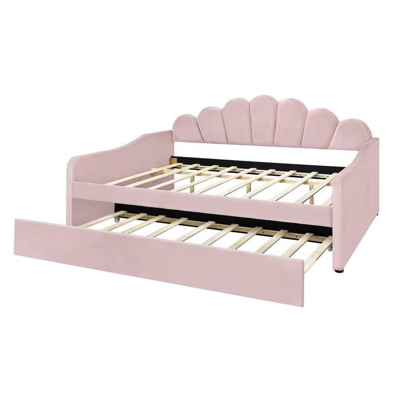 Full Size Upholstery Daybed Frame With Shell Shaped Backrest And Trundle – Pink