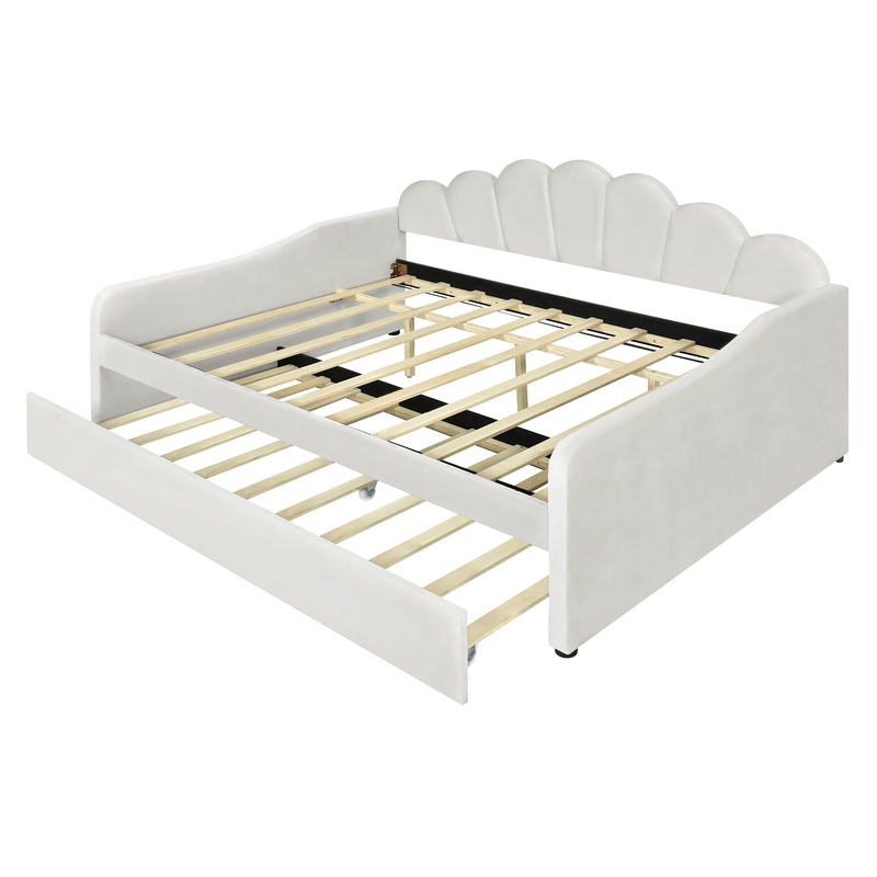 Full Size Upholstery Daybed Frame With Shell Shaped Backrest And Trundle – White