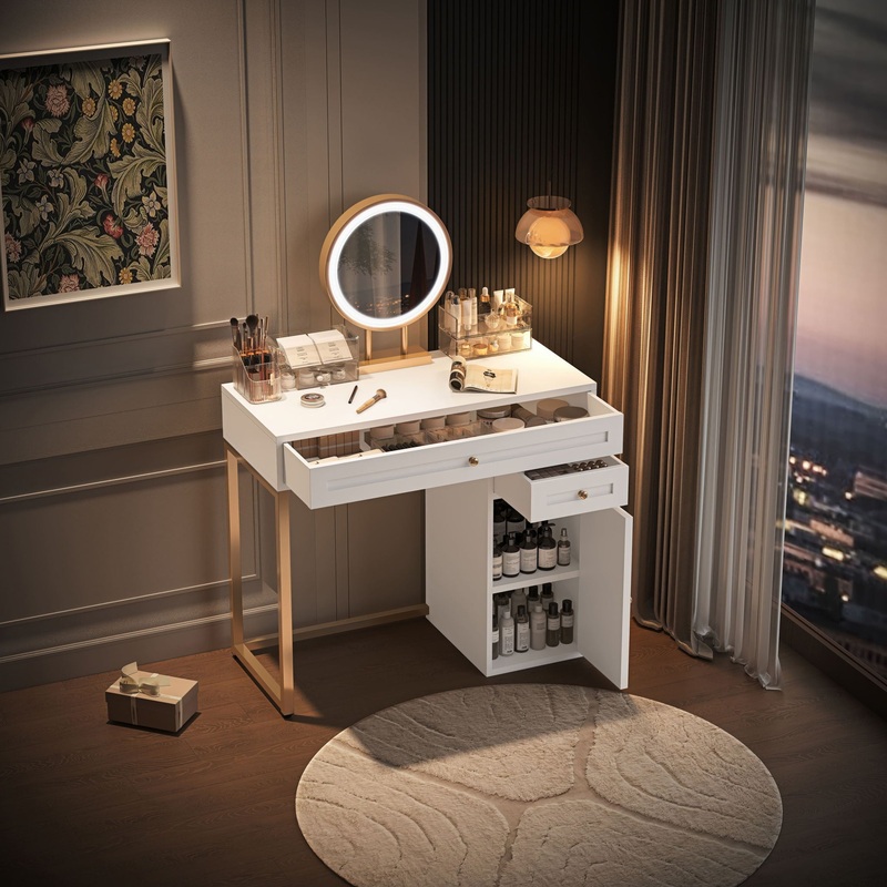Makeup Vanity Desk With Lighted Mirror, Luxury Dressing Table With 2 Drawers And 1 Cabinet, 3 Lighting Modes Available For Bedroom – White / Gold