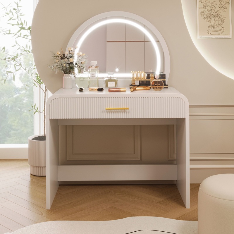 Makeup Vanity Table With Mirror Touch Screen Lighted Mirror, Dressing Table With Drawer For Bedroom – White