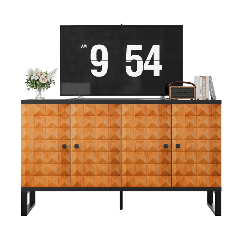 Modern Buffet Cabinet With Storage Space, Retro Style 4 Door Wooden Storage Cabinet, Multifunctional Decorative Cabinet With Geometric Patterns, Suitable For Living Room, Dining Room, Entrance – Orange / Yellow