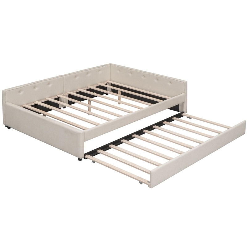 Queen Platform Bed With USB And Twin Trundle – Beige