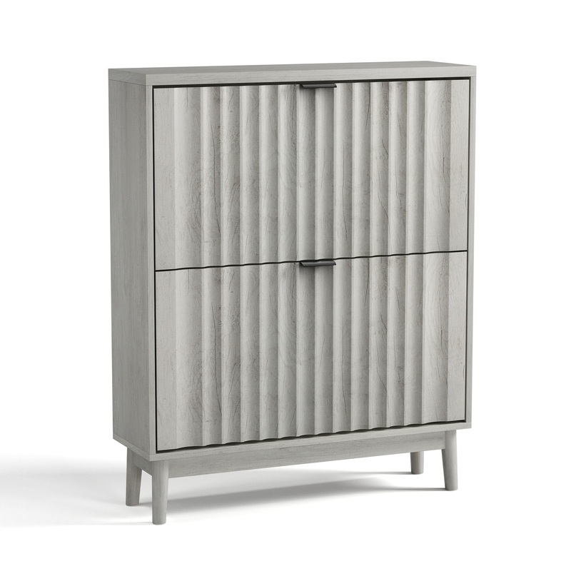Shoe Cabinet With 2 Flip Drawers, Fluted Shoe Storage Cabinet For Entryway, Free Standing Shoe Storage Organizer With Wave Doors For Heels, Boots, Slippers In Hallway, Living Room – Gray