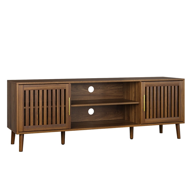 TV Stand With 2 Grille Door Cabinets And Adjustable Storage Rack, Suitable For Medieval Modern TV Cabinets, Entertainment Center With Storage Space – Walnut Wood