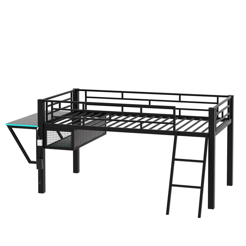 Twin, Esports Inspired Gaming Mid Loft Bed With Desk And LED – Black