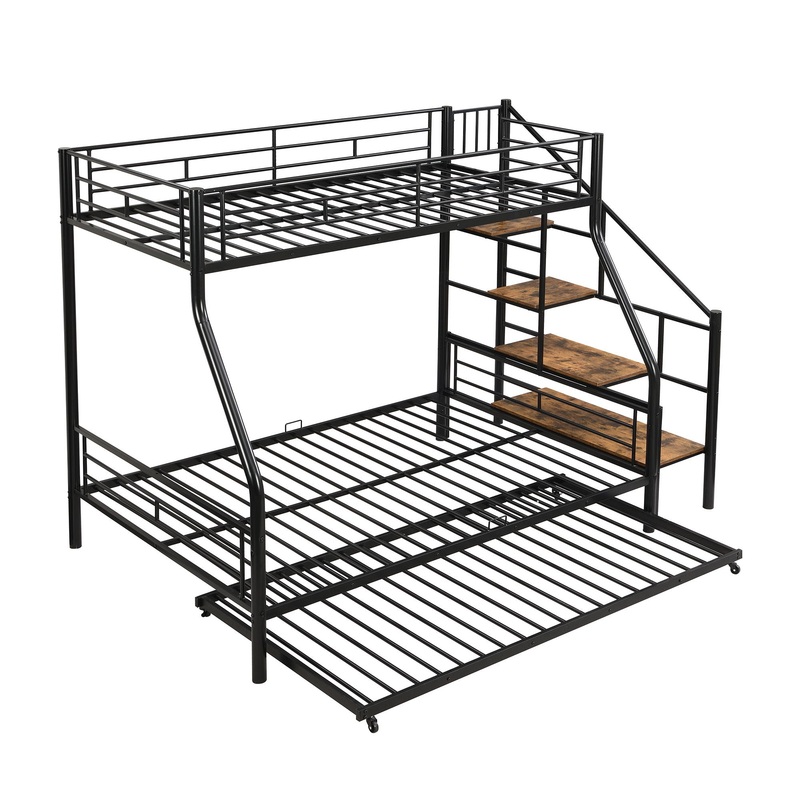 Twin Over Full Size Metal Bunk Bed With Trundle And Storage Staircase – Black