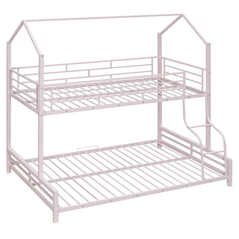 Twin Over Full Sturdy Frame Contemporary Metal House Bunk Bed – Pink