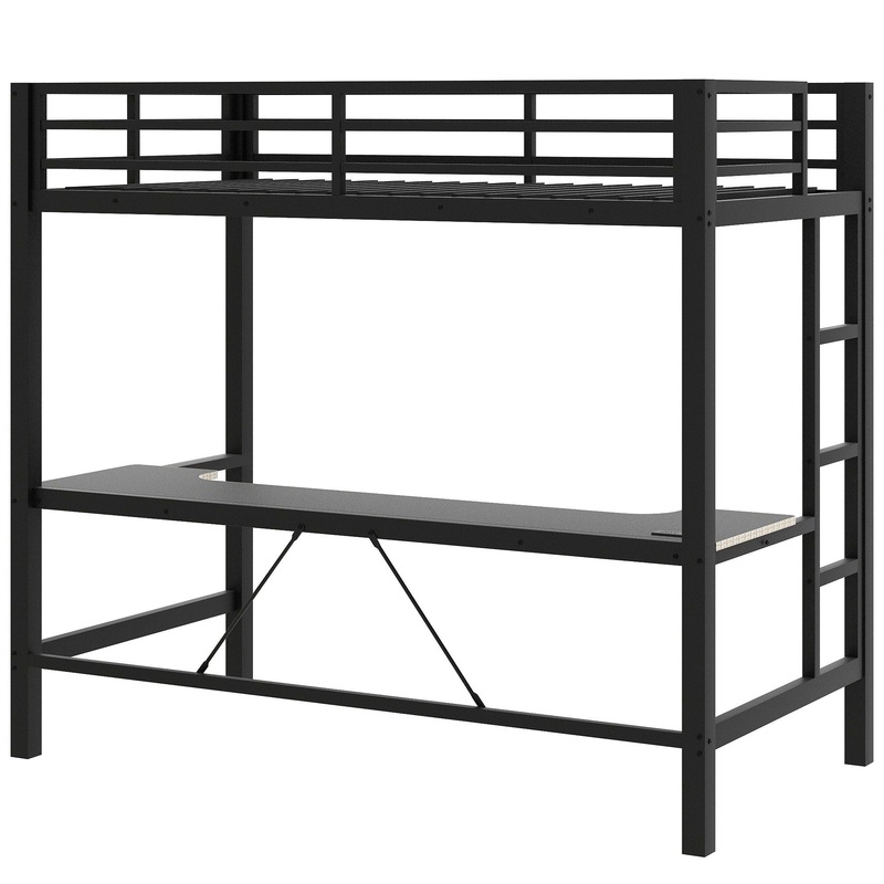 Twin Size Gaming Metal Loft Bed Frame With LED Light And Desk – Black
