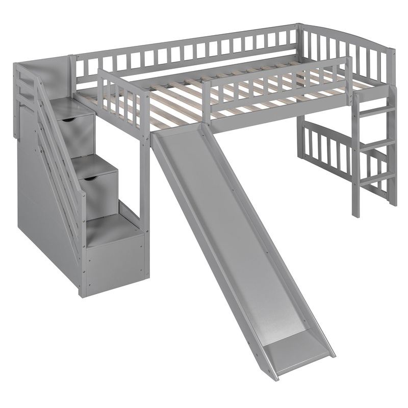 Twin Size Loft Stairway Bed With 2 Drawers And Slide – Gray