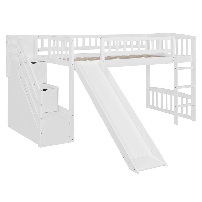 Twin Size Loft Stairway Bed With 2 Drawers And Slide – White