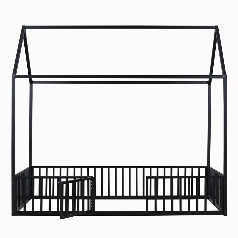 Twin Size Metal House Bed With Fence And Door – Black