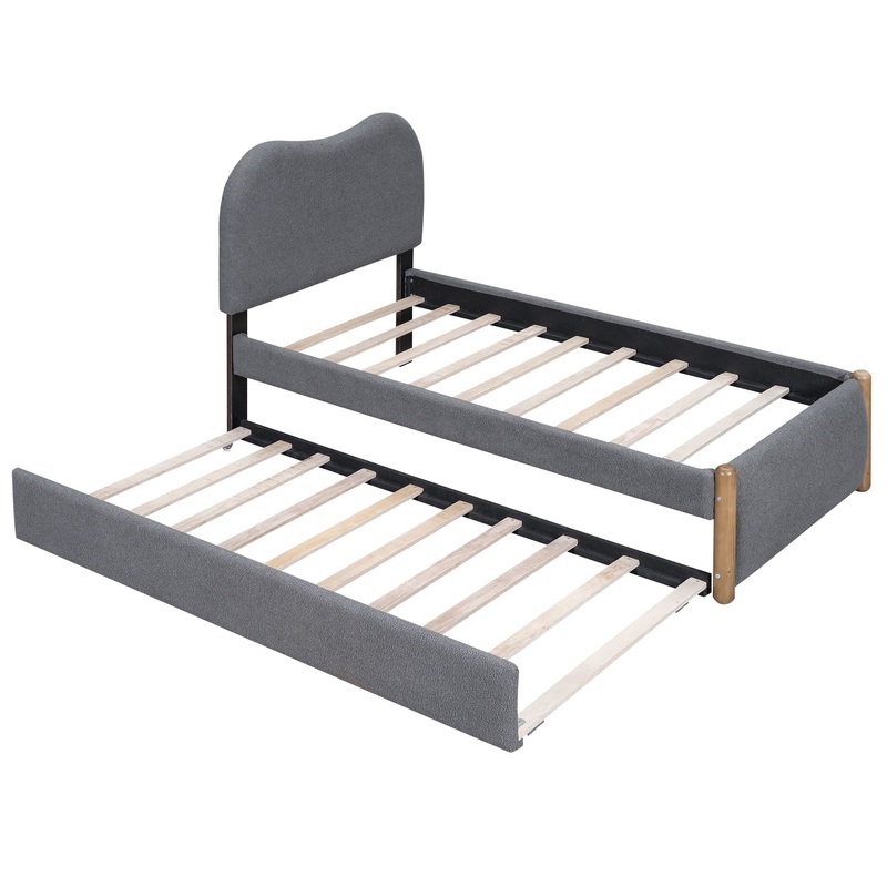 Twin Size Platform Bed With Wood Feet And Trundle, Berber Fleece – Gray