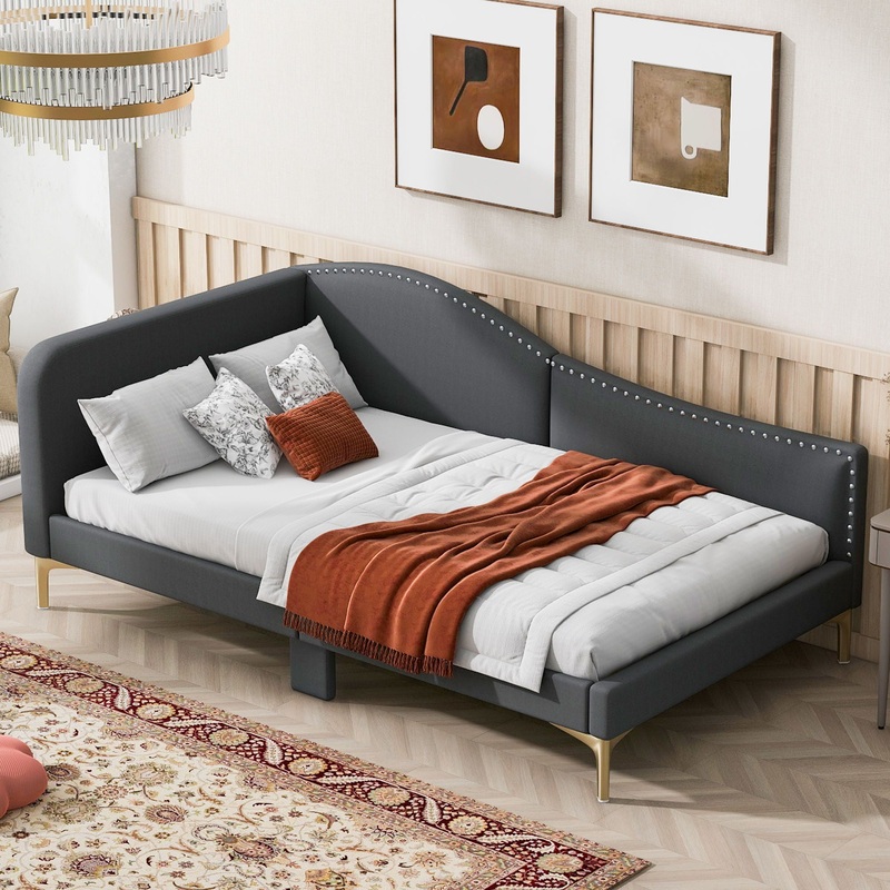 Twin Size Upholstered Daybed With Headboard And Armrest, Support Legs – Gray